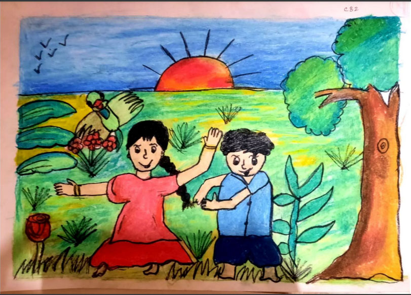 মিনা-রাজু প্রকৃতিতে খেলছে - এঁকেছে সংহিতা রায়